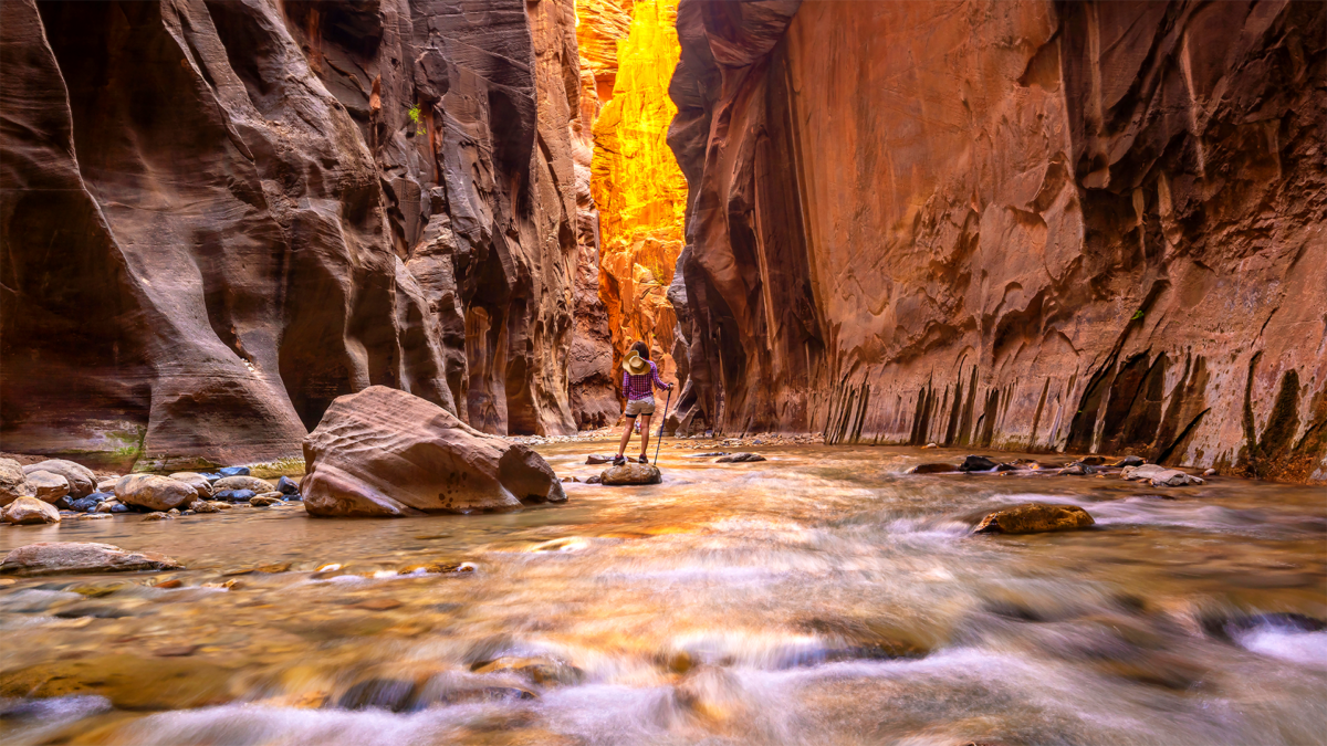 Image of a hiker in the narrows