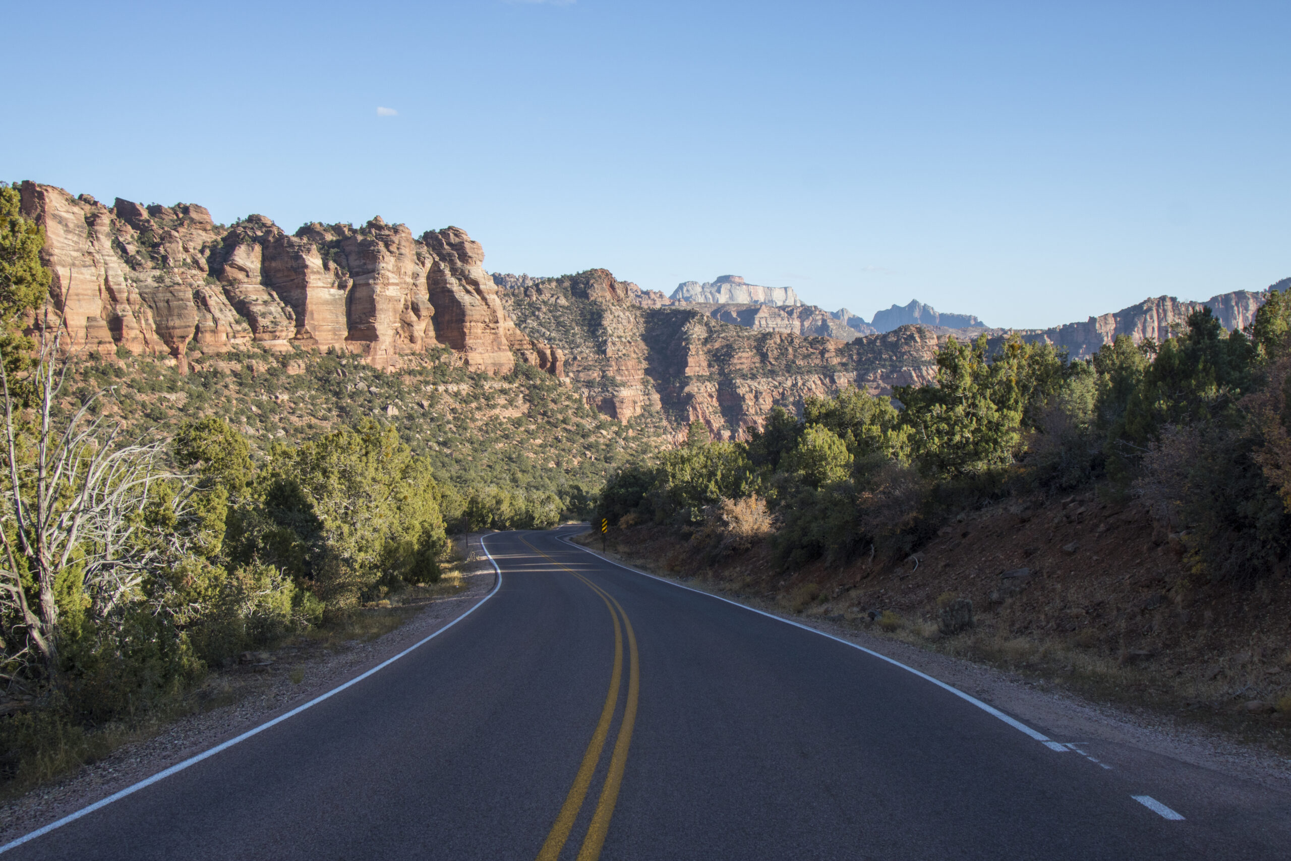 Kolob Terrace Road winding through the mountain terrain. 