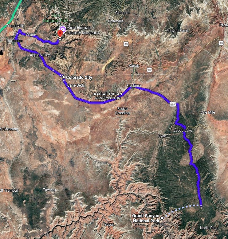 Map of route from North Rim Grand Canyon to Zion National Park.