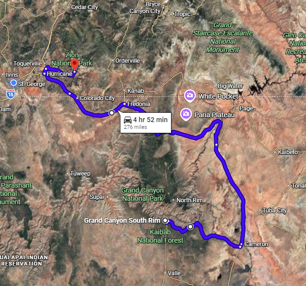 Map of route from South Rim Grand Canyon to Zion National Park.