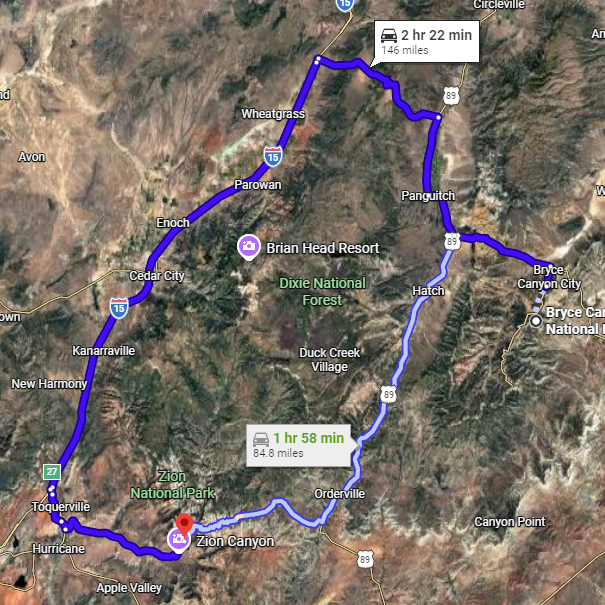 Map of the route from Bryce Canyon to Zion National Park